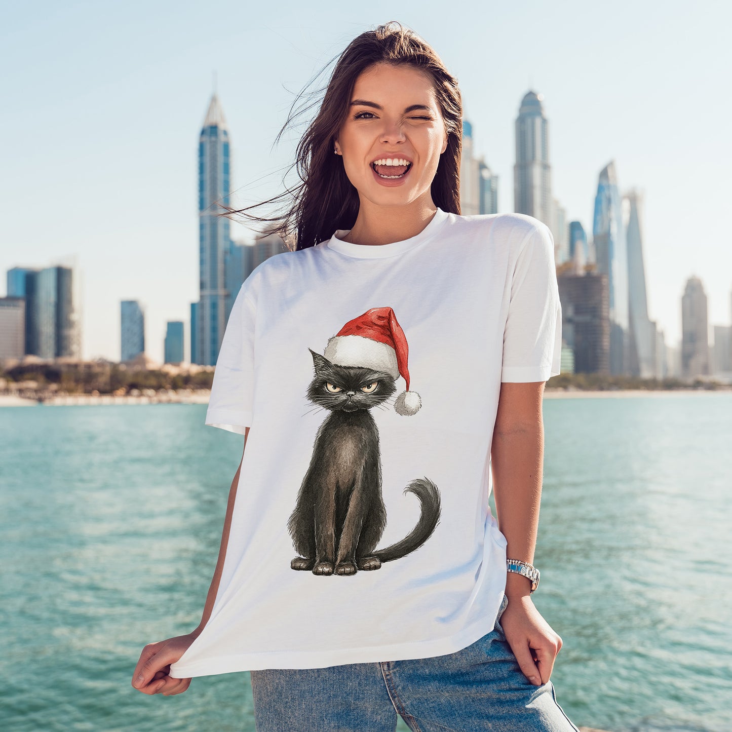 Black Cat Santa Hat Christmas Shirt - Grumpy Holiday Cat Tee