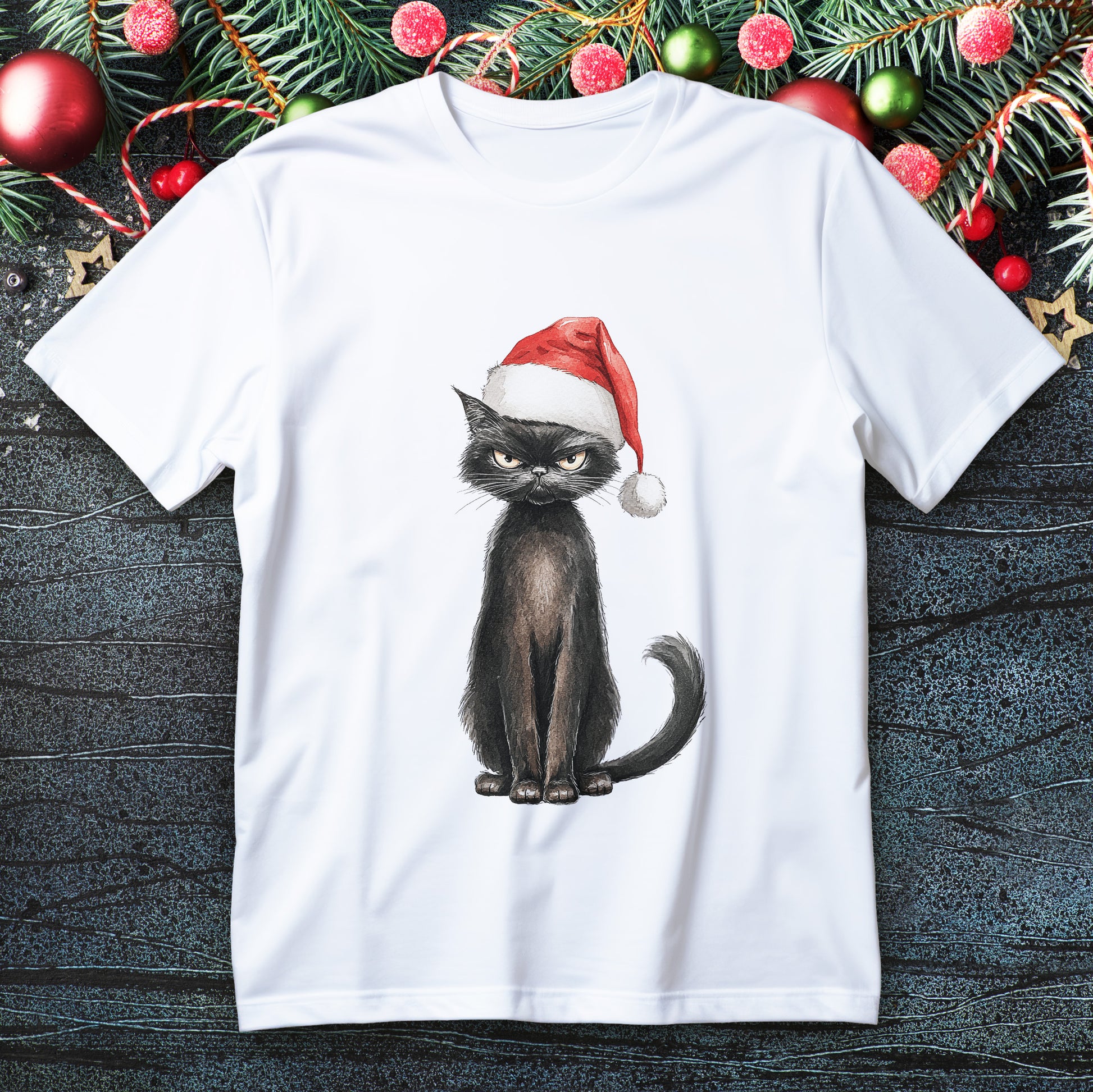 Watercolor black cat in Santa hat on a Christmas T-shirt with sarcastic expression