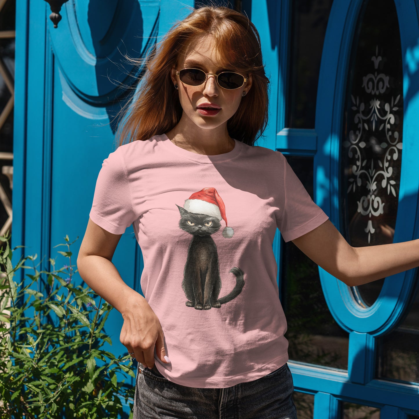 Black Cat Santa Hat Christmas Shirt - Grumpy Holiday Cat Tee