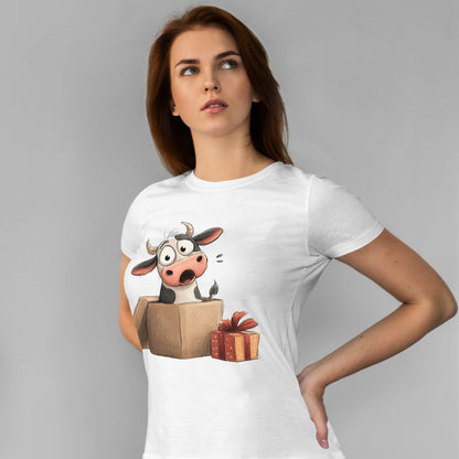 Cow in a Gift Box Christmas T-Shirt - Funny Christmas Surprise Moo Tee