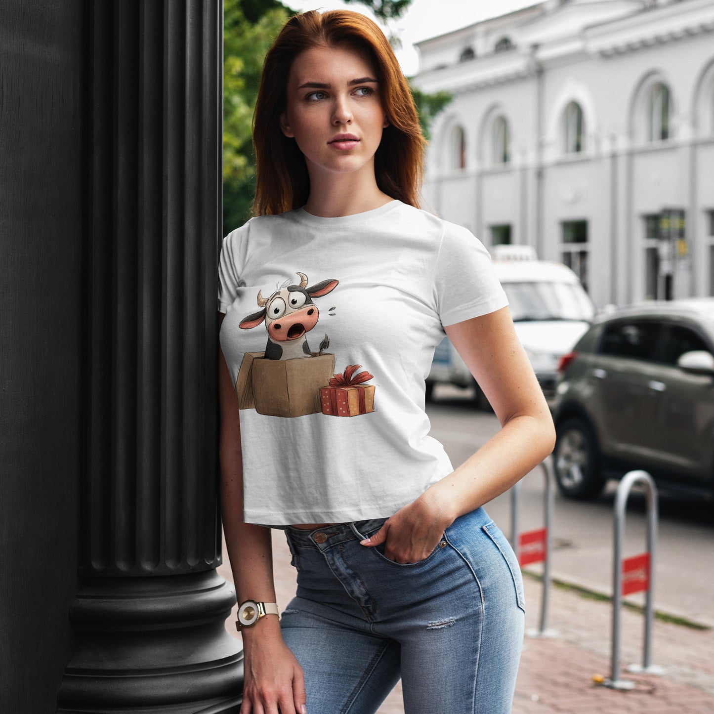 Cow in a Gift Box Christmas T-Shirt - Funny Christmas Surprise Moo Tee