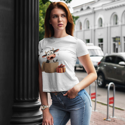 Cow in a Gift Box Christmas T-Shirt - Funny Christmas Surprise Moo Tee