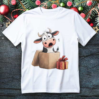Cartoon cow popping from kraft gift box with big red bow on Christmas T-shirt