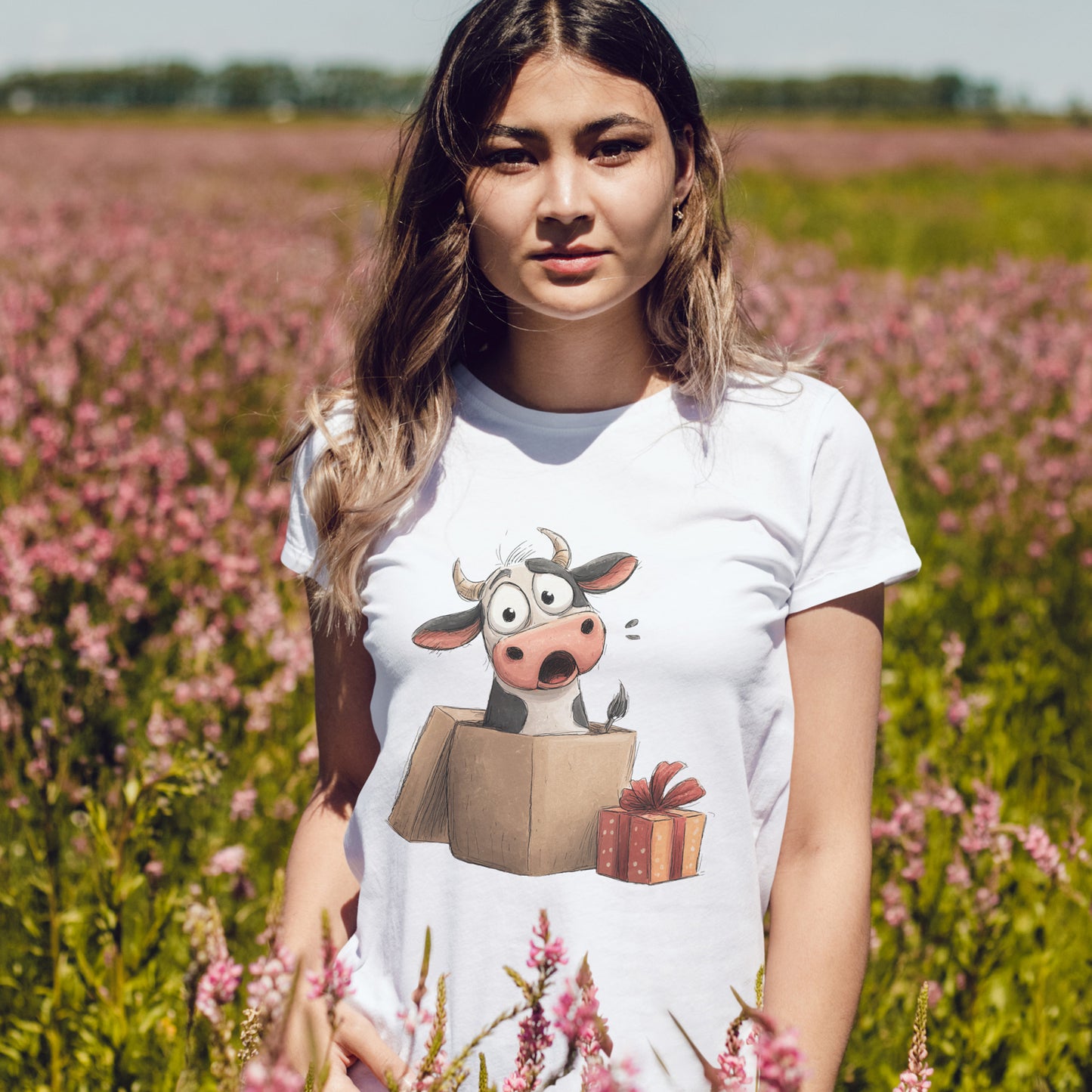 Cow in a Gift Box Christmas T-Shirt - Funny Christmas Surprise Moo Tee