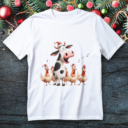 Cow and Santa-hat chickens caroling on a Christmas T-shirt in hand-drawn style