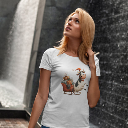 Santa Cow Sleigh Christmas T-Shirt - Funny Cow Pulling Sleigh Tee