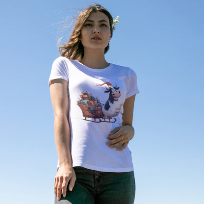 Santa Cow Sleigh Christmas T-Shirt - Funny Cow Pulling Sleigh Tee