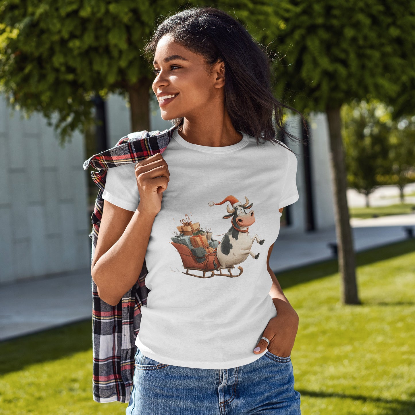 Santa Cow Sleigh Christmas T-Shirt - Funny Cow Pulling Sleigh Tee