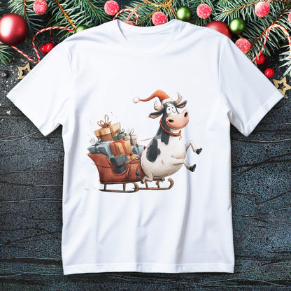 Santa hat cow pulling a gift sleigh on a Christmas T-shirt