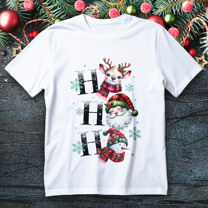 Ho Ho Ho Christmas T-shirt with reindeer, Santa and snowman in tartan scarves