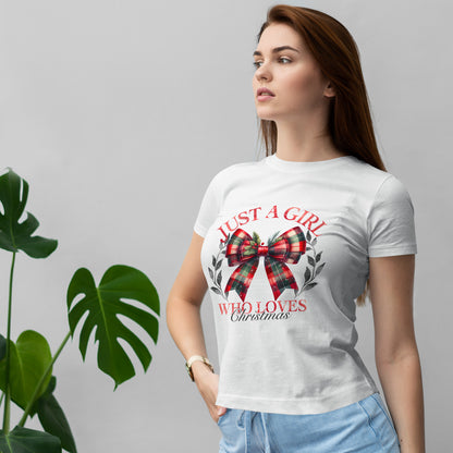 Just a Girl Who Loves Christmas - Tartan Plaid Bow Wreath Tee