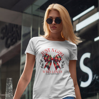 Just a Girl Who Loves Christmas - Tartan Plaid Bow Wreath Tee