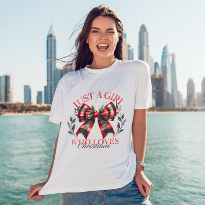 Just a Girl Who Loves Christmas - Tartan Plaid Bow Wreath Tee