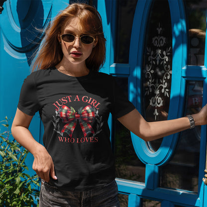 Just a Girl Who Loves Christmas - Tartan Plaid Bow Wreath Tee