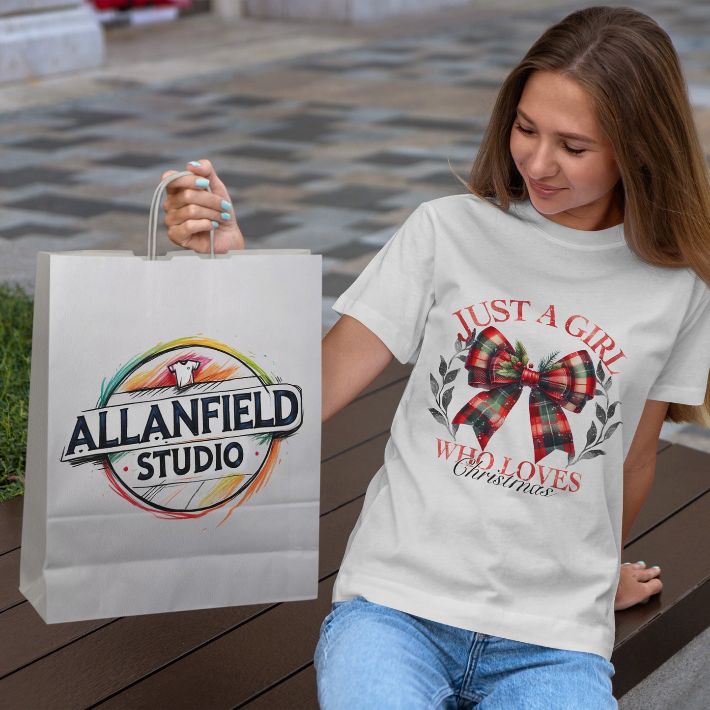 Just a Girl Who Loves Christmas - Tartan Plaid Bow Wreath Tee