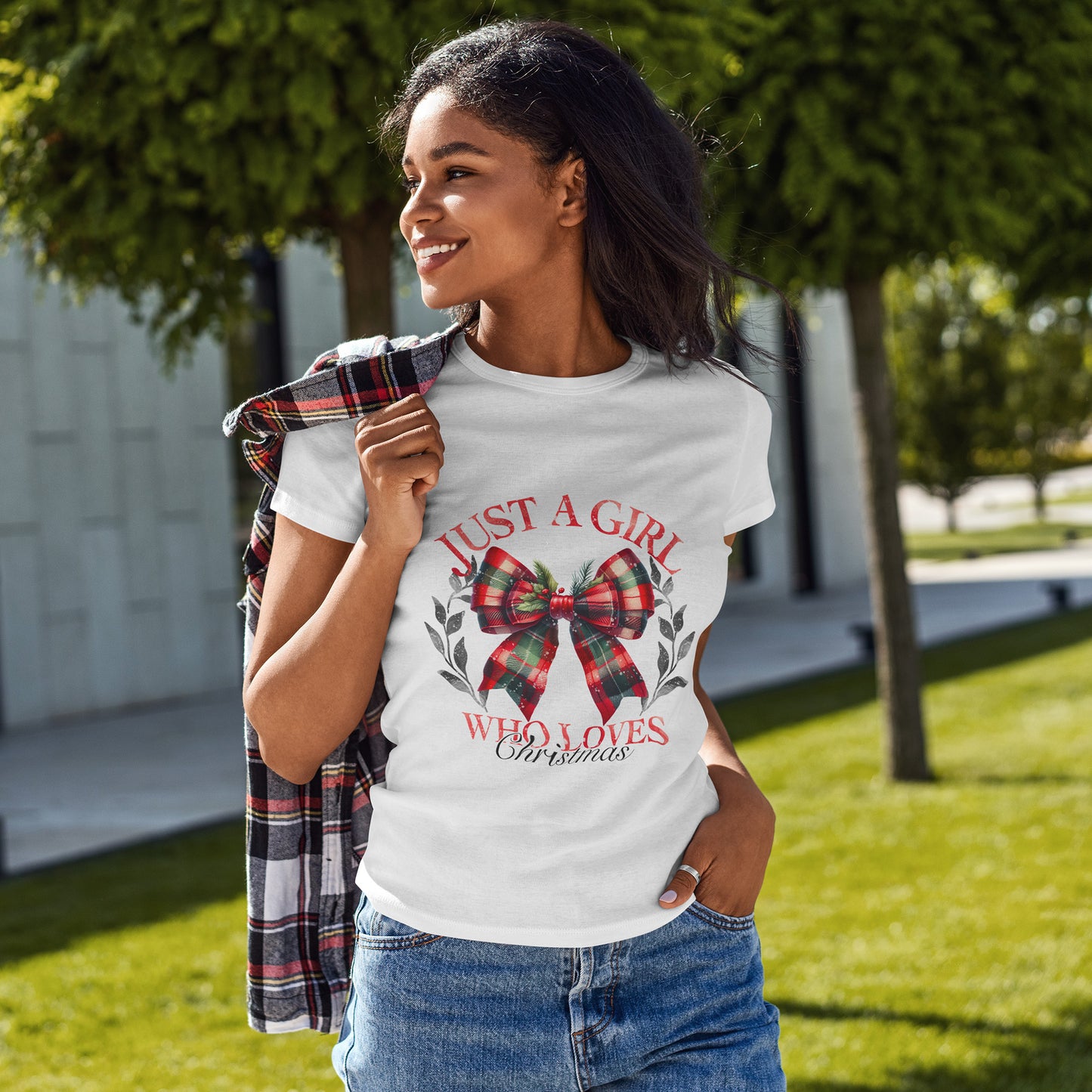 Just a Girl Who Loves Christmas - Tartan Plaid Bow Wreath Tee