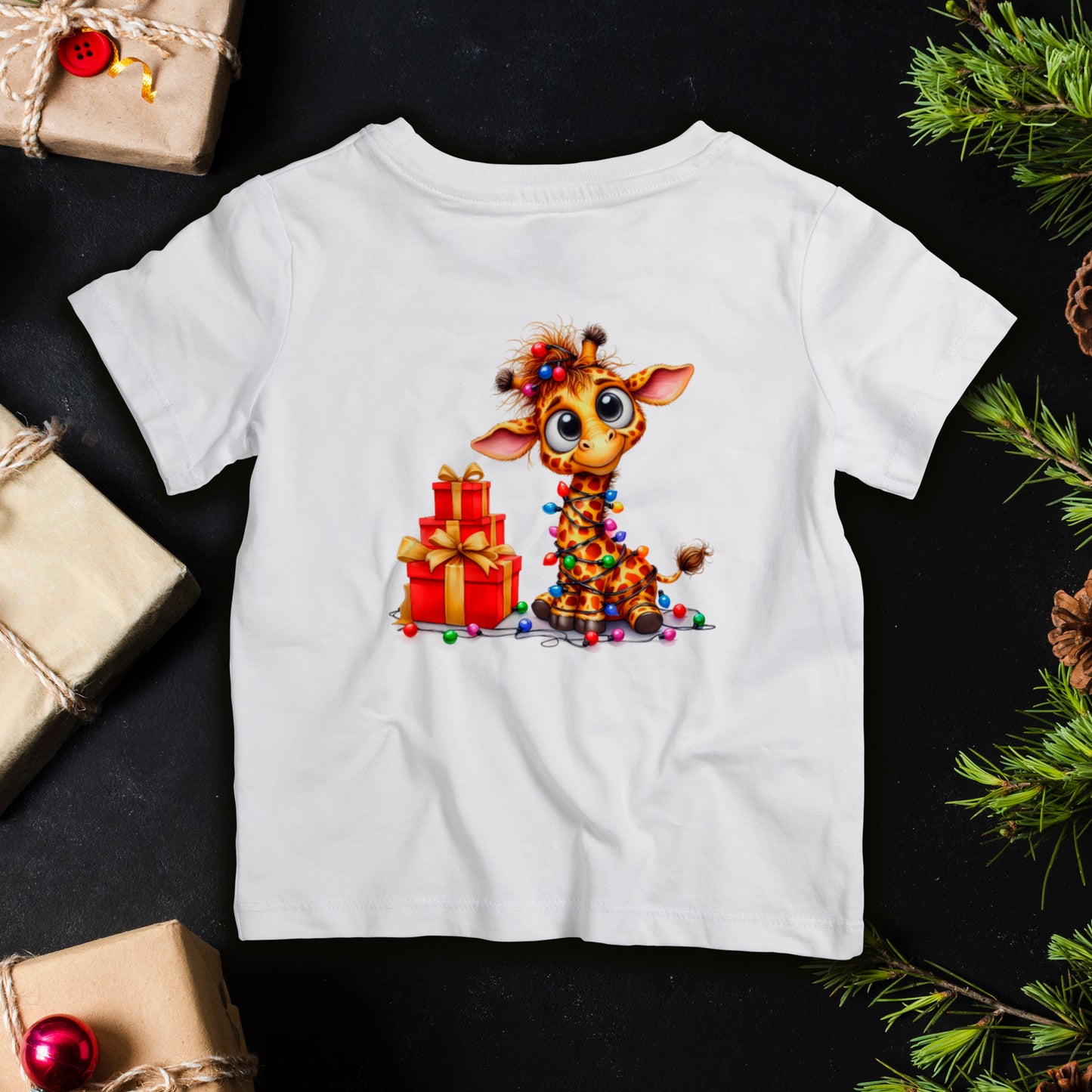 Baby giraffe Christmas lights infant T-shirt, cute holiday baby tee for first Christmas photos