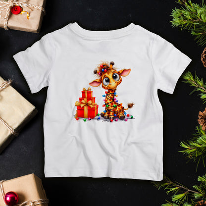Baby giraffe Christmas lights infant T-shirt, cute holiday baby tee for first Christmas photos