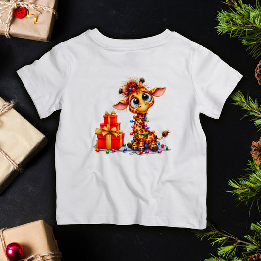 Baby giraffe Christmas lights infant T-shirt, cute holiday baby tee for first Christmas photos