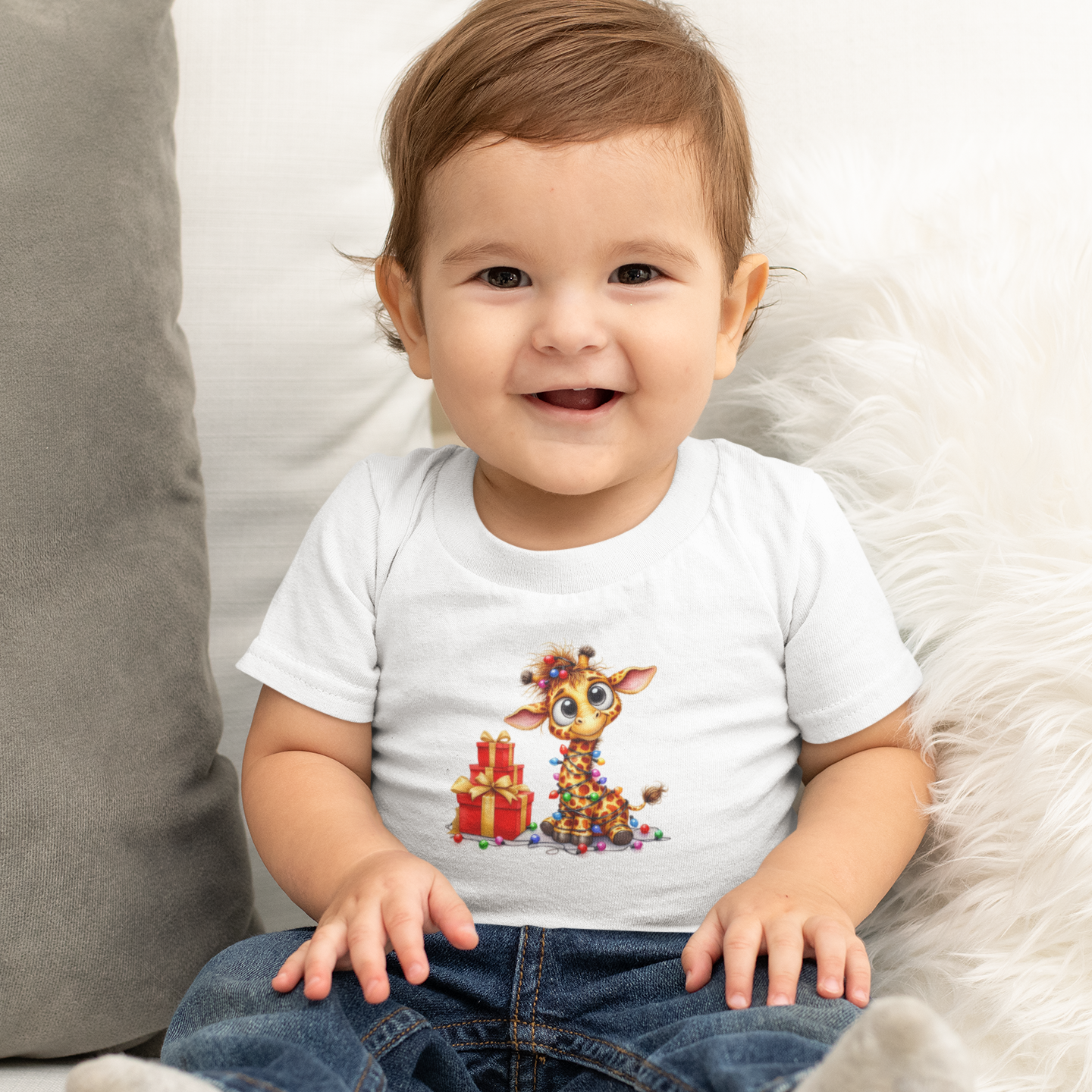 Baby Giraffe Christmas Lights Infant T-Shirt – Cute Holiday Tee