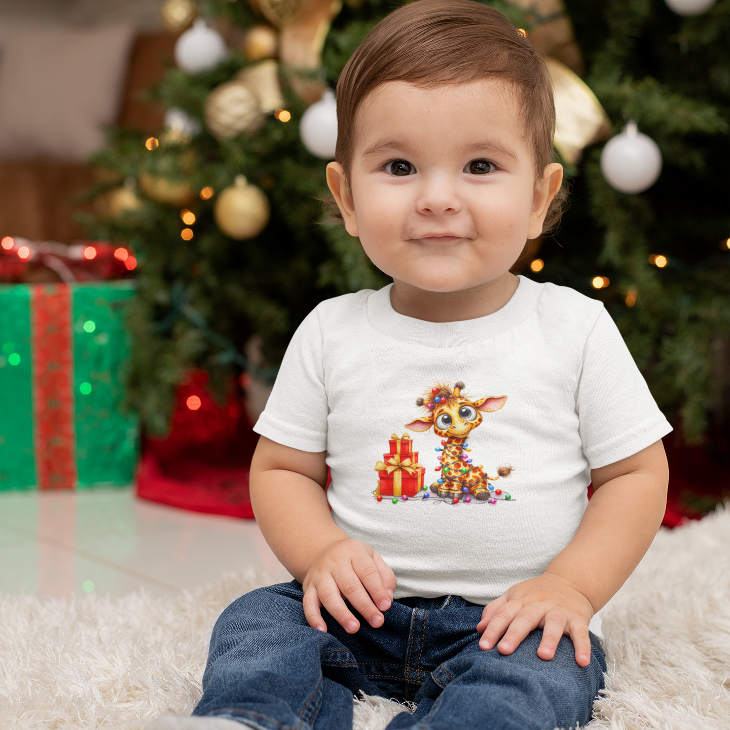 Baby Giraffe Christmas Lights Infant T-Shirt – Cute Holiday Tee