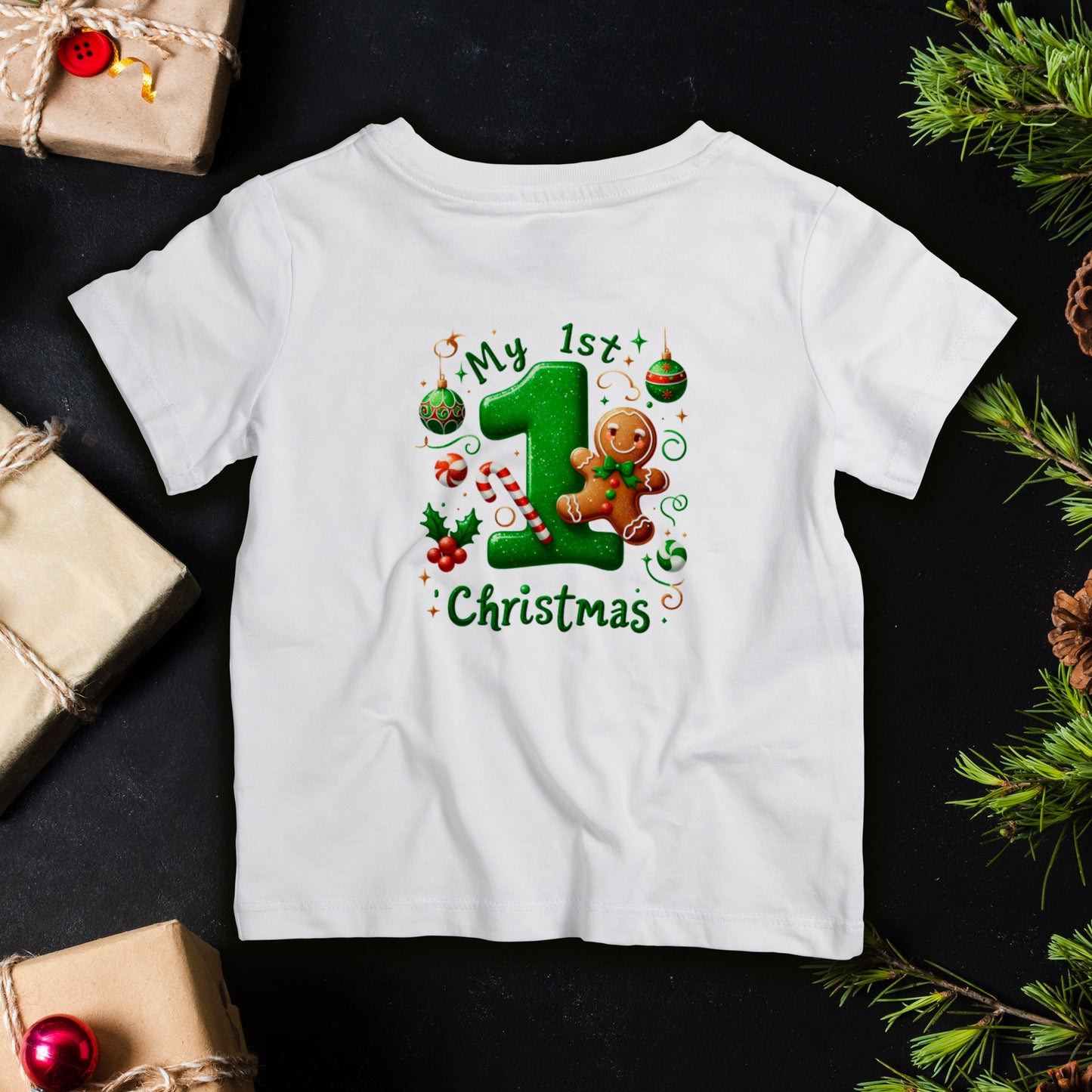 Baby’s First Christmas infant T-shirt with gingerbread and candy cane design, cute holiday outfit for newborn photos