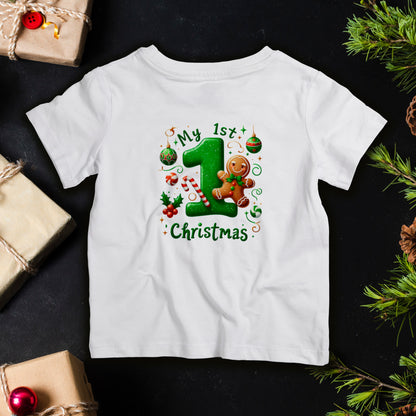 Baby’s First Christmas infant T-shirt with gingerbread and candy cane design, cute holiday outfit for newborn photos