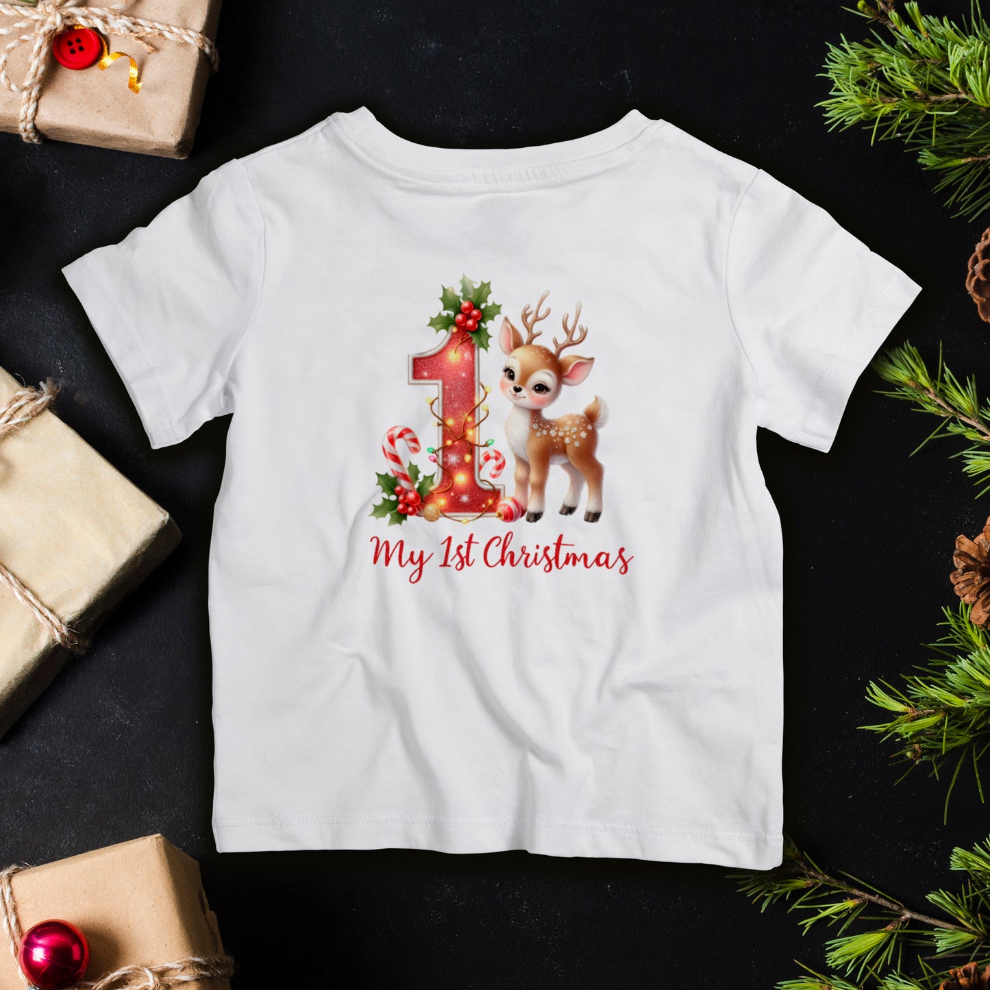 Baby’s First Christmas reindeer infant T-shirt with red number one and candy canes, cute holiday outfit for newborn photos