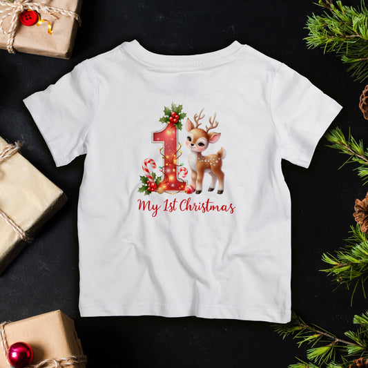 Baby’s First Christmas reindeer infant T-shirt with red number one and candy canes, cute holiday outfit for newborn photos