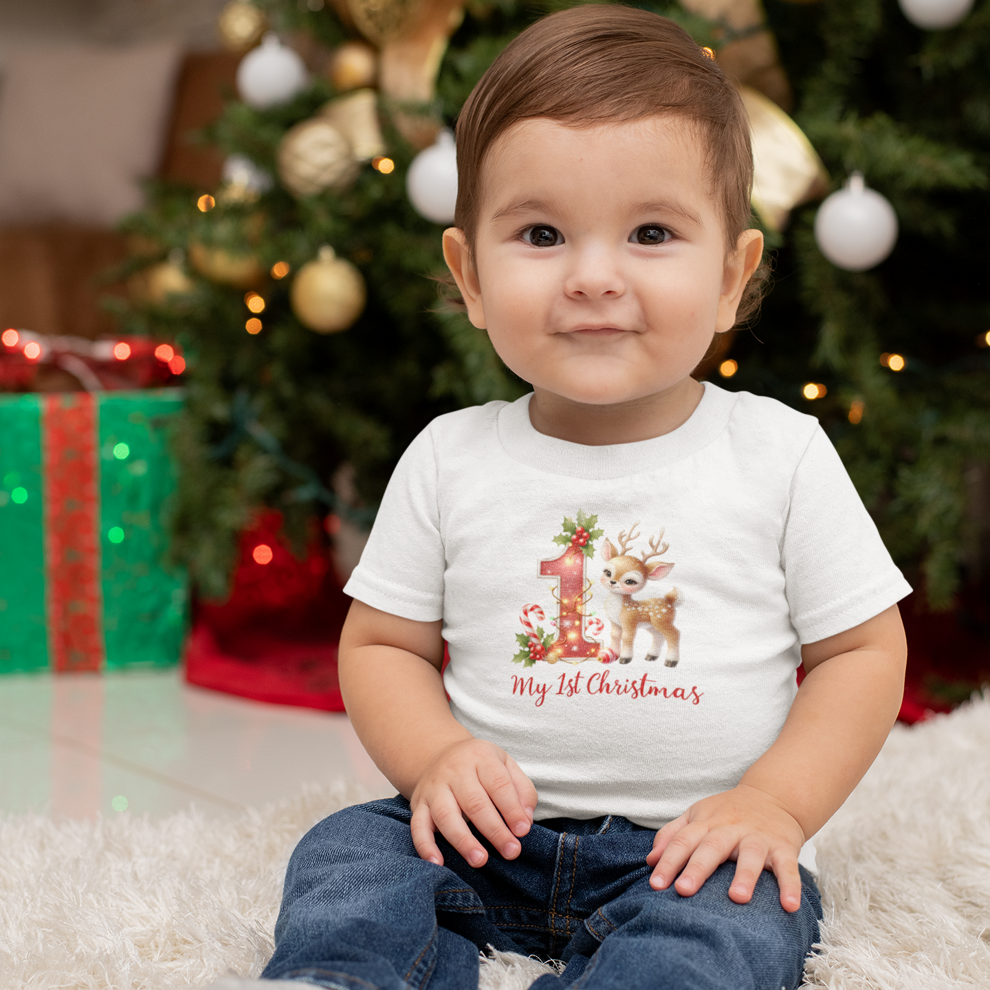 Baby’s First Christmas Reindeer Infant T-Shirt – Red “1” Candy Cane Holiday Tee