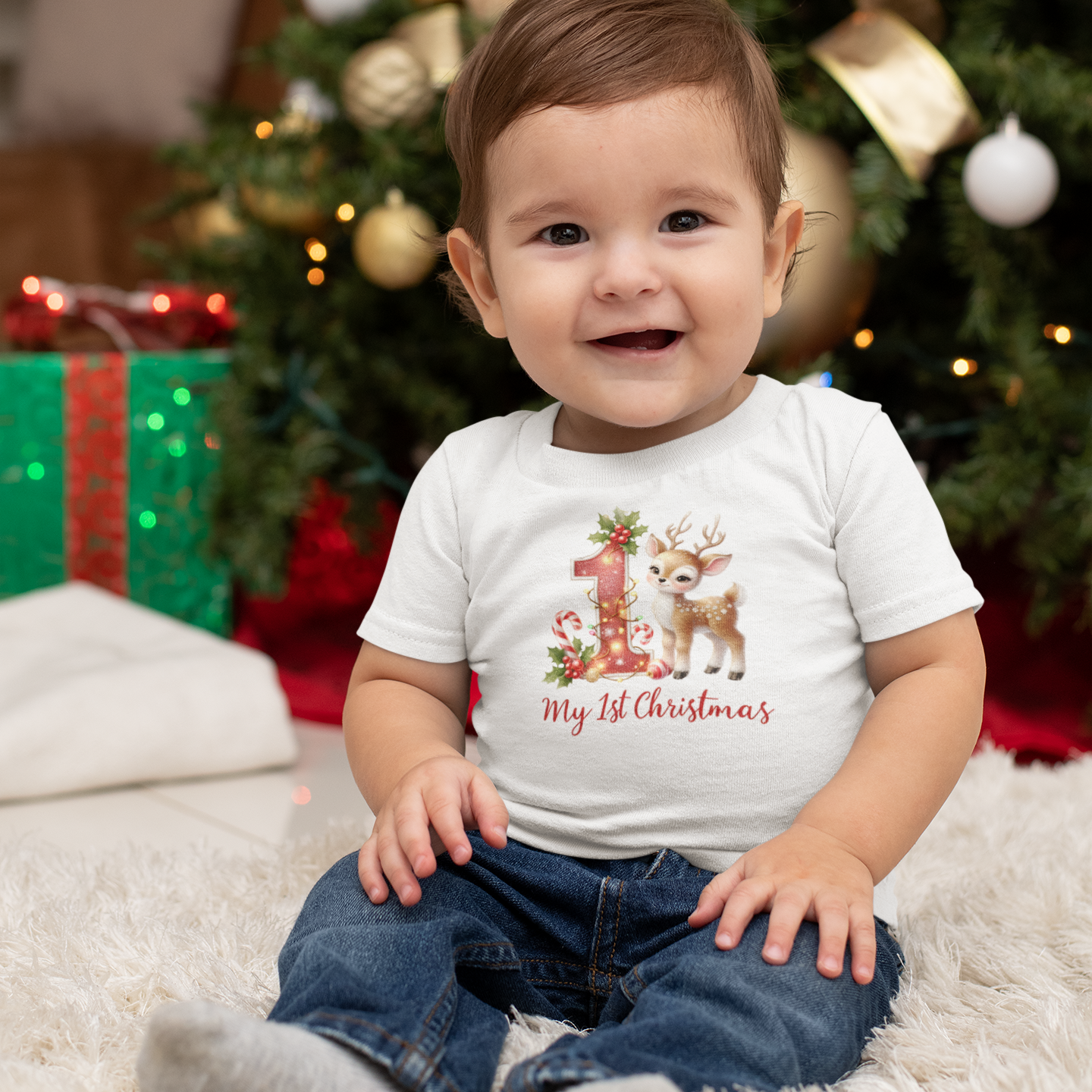 Baby’s First Christmas Reindeer Infant T-Shirt – Red “1” Candy Cane Holiday Tee