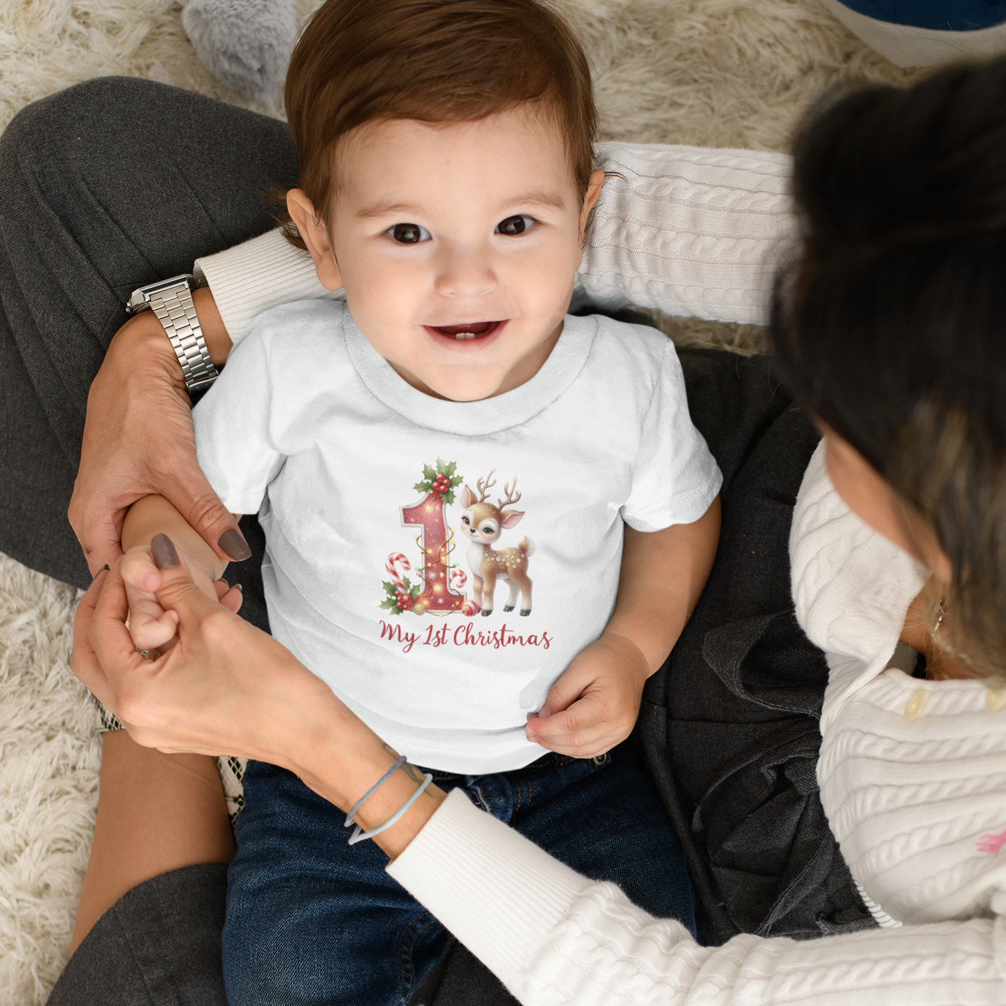 Baby’s First Christmas Reindeer Infant T-Shirt – Red “1” Candy Cane Holiday Tee