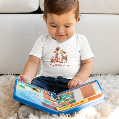 Baby’s First Christmas Reindeer Infant T-Shirt – Red “1” Candy Cane Holiday Tee