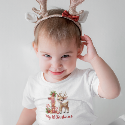 Baby’s First Christmas Reindeer Infant T-Shirt – Red “1” Candy Cane Holiday Tee