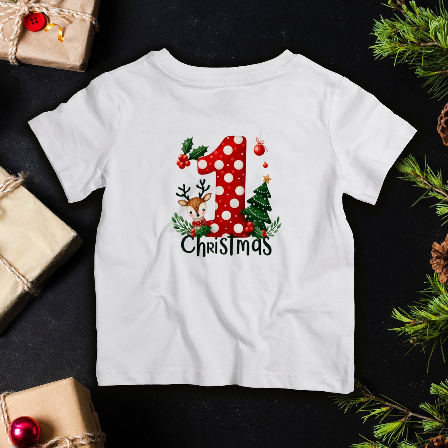 Baby’s First Christmas infant T-shirt with red polka-dot number one, reindeer and Christmas tree, cute holiday outfit for newborn photos
