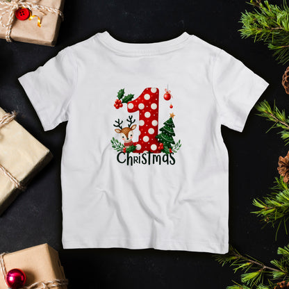 Baby’s First Christmas infant T-shirt with red polka-dot number one, reindeer and Christmas tree, cute holiday outfit for newborn photos