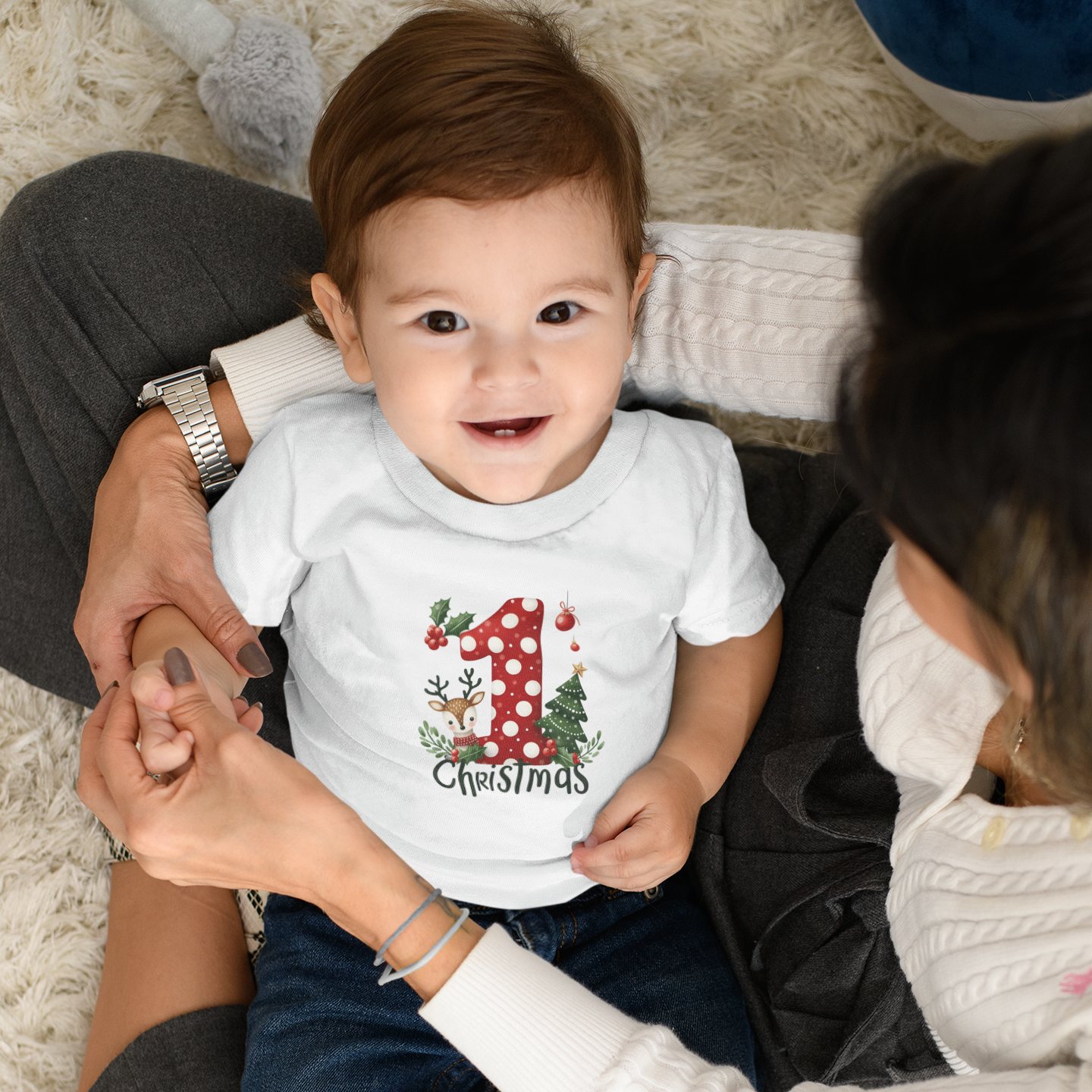 Baby’s First Christmas Polka Dot Infant T-Shirt – Reindeer & Tree Holiday Tee
