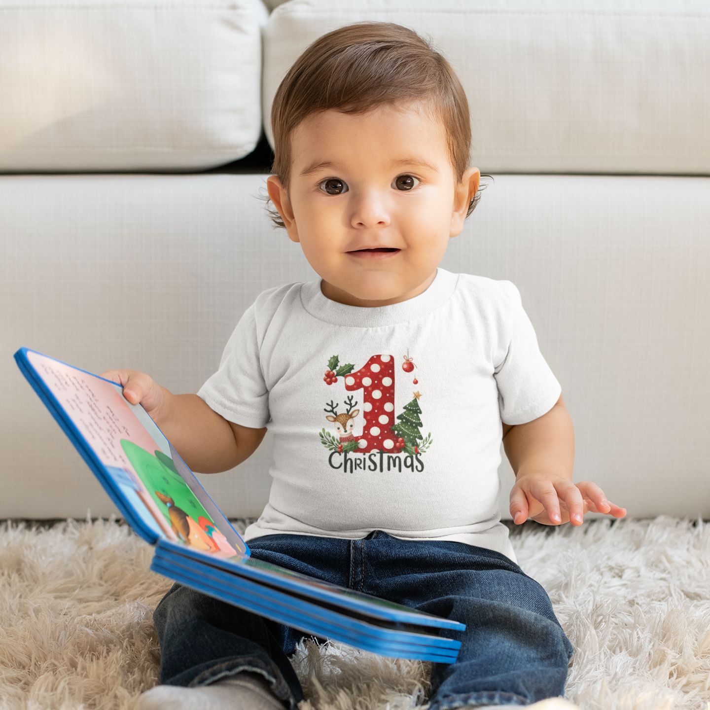Baby’s First Christmas Polka Dot Infant T-Shirt – Reindeer & Tree Holiday Tee