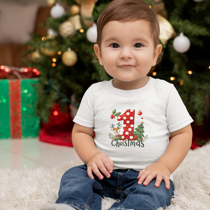 Baby’s First Christmas Polka Dot Infant T-Shirt – Reindeer & Tree Holiday Tee