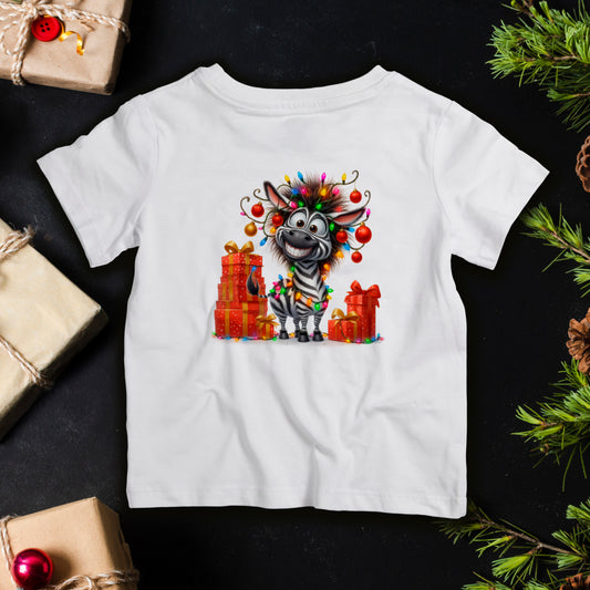 Baby zebra Christmas lights infant T-shirt with ornaments and gifts, cute safari holiday outfit for newborn photos
