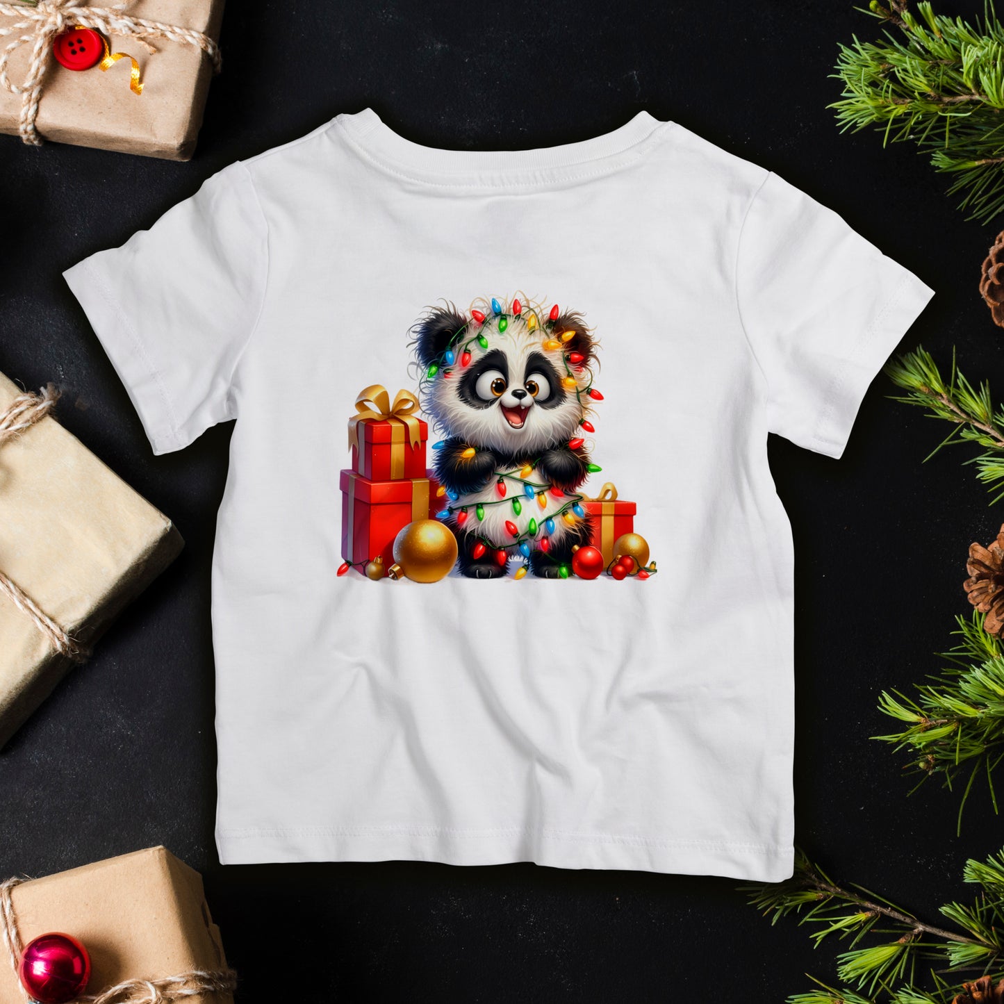 Baby panda Christmas lights infant T-shirt with presents and ornaments, cute holiday outfit for newborn photos