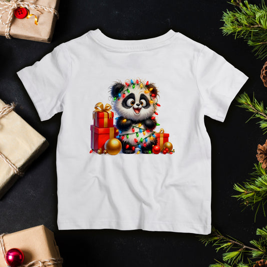 Baby panda Christmas lights infant T-shirt with presents and ornaments, cute holiday outfit for newborn photos