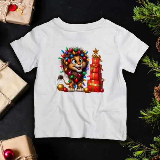 Baby lion Christmas lights infant T-shirt with presents, cute safari holiday outfit for newborn photos