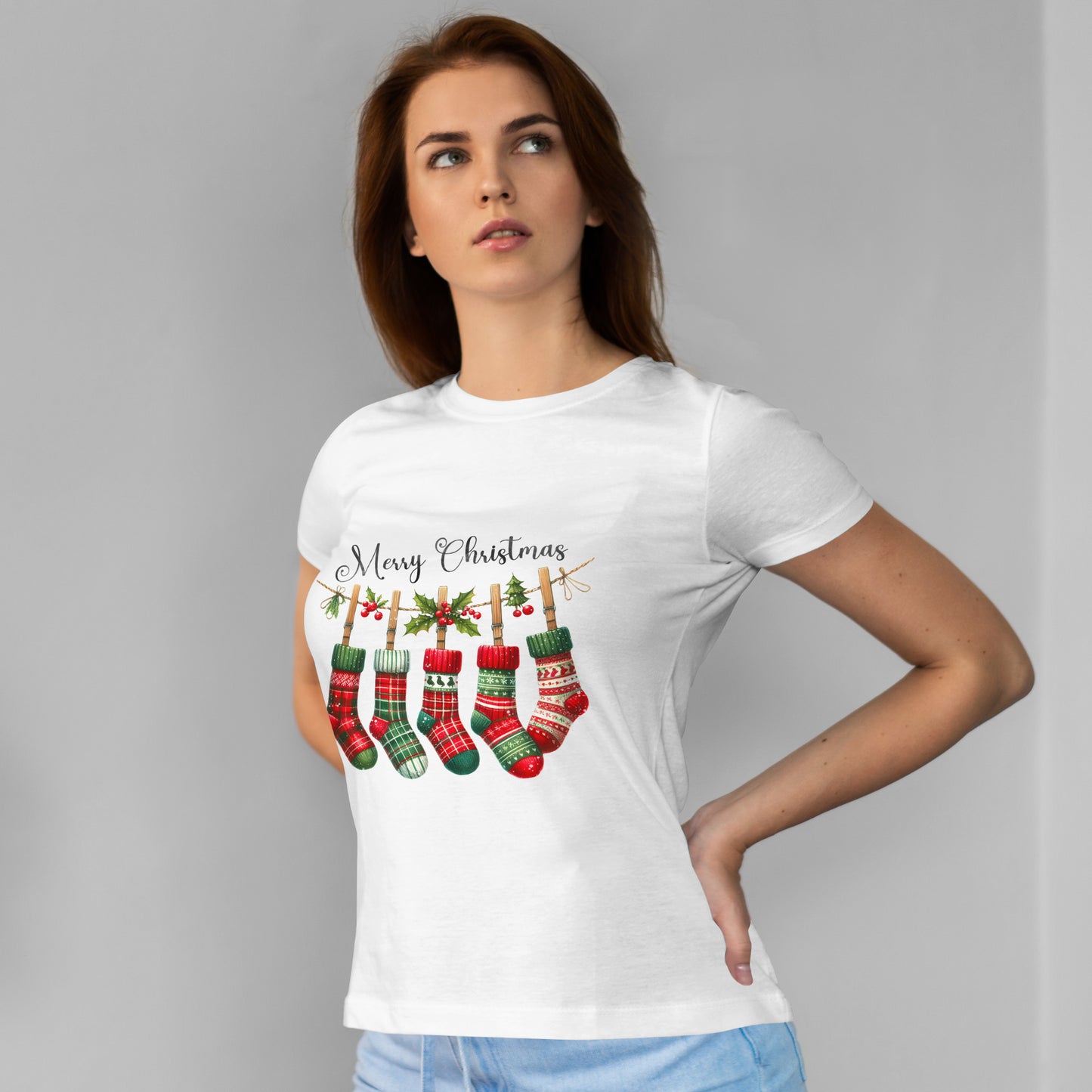Merry Christmas Stockings T-Shirt - Five Plaid Stockings on Garland