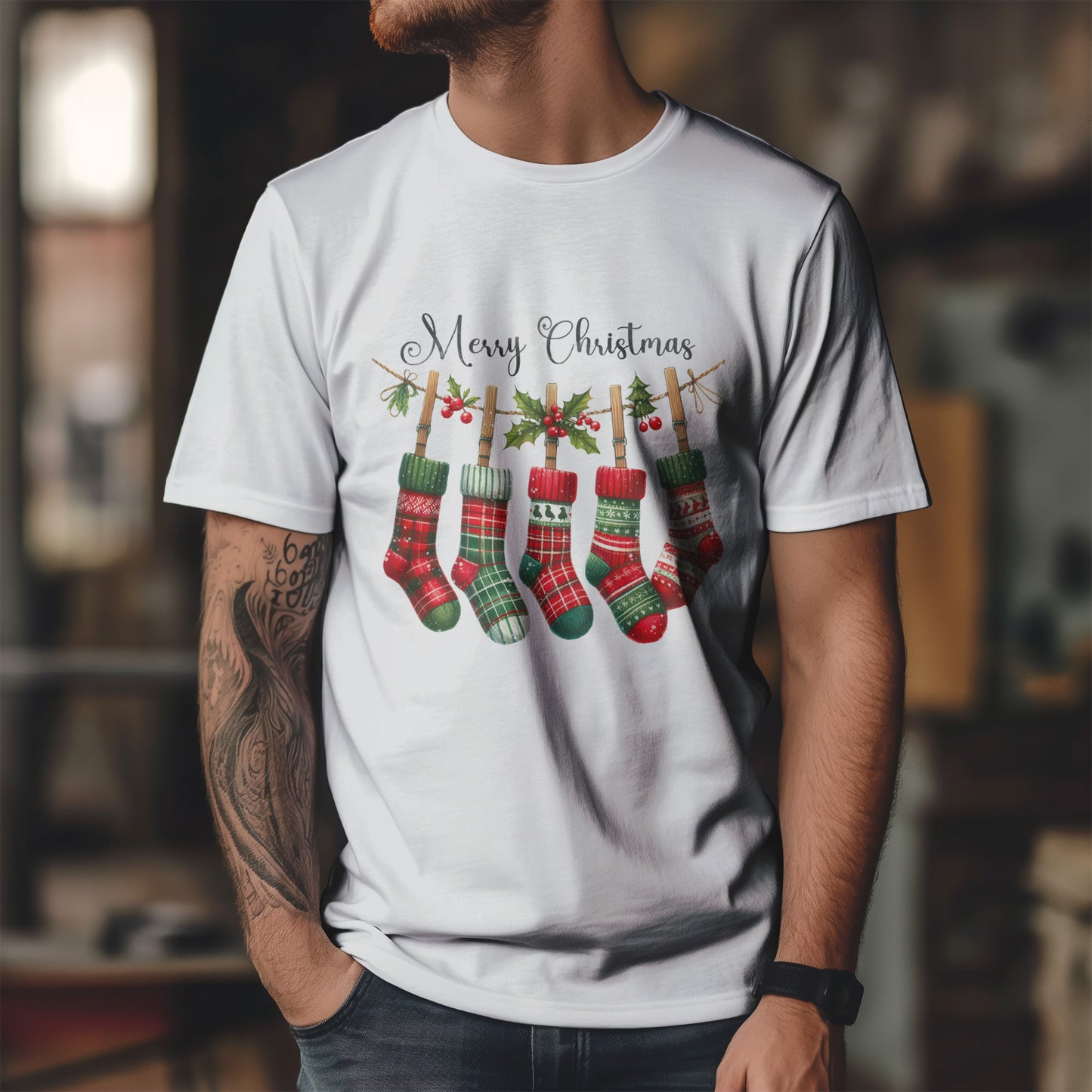 Merry Christmas Stockings T-Shirt - Five Plaid Stockings on Garland