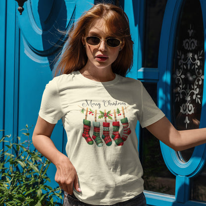 Merry Christmas Stockings T-Shirt - Five Plaid Stockings on Garland