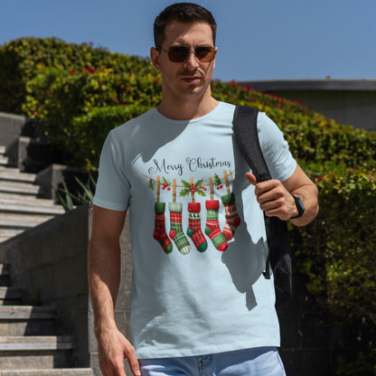 Merry Christmas Stockings T-Shirt - Five Plaid Stockings on Garland