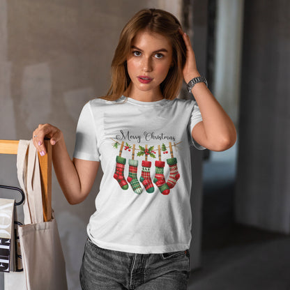 Merry Christmas Stockings T-Shirt - Five Plaid Stockings on Garland