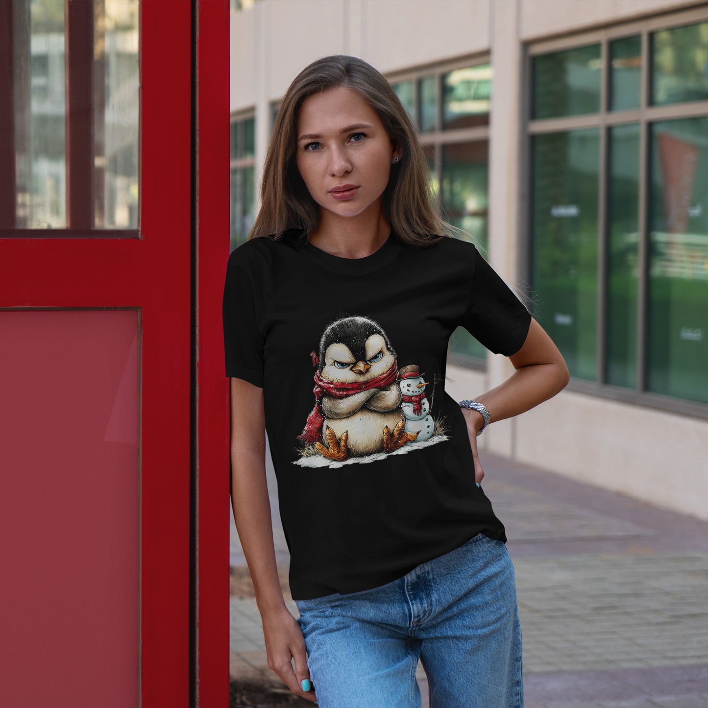 Grumpy Penguin Christmas T-Shirt - Winter Penguin with Snowman Buddy