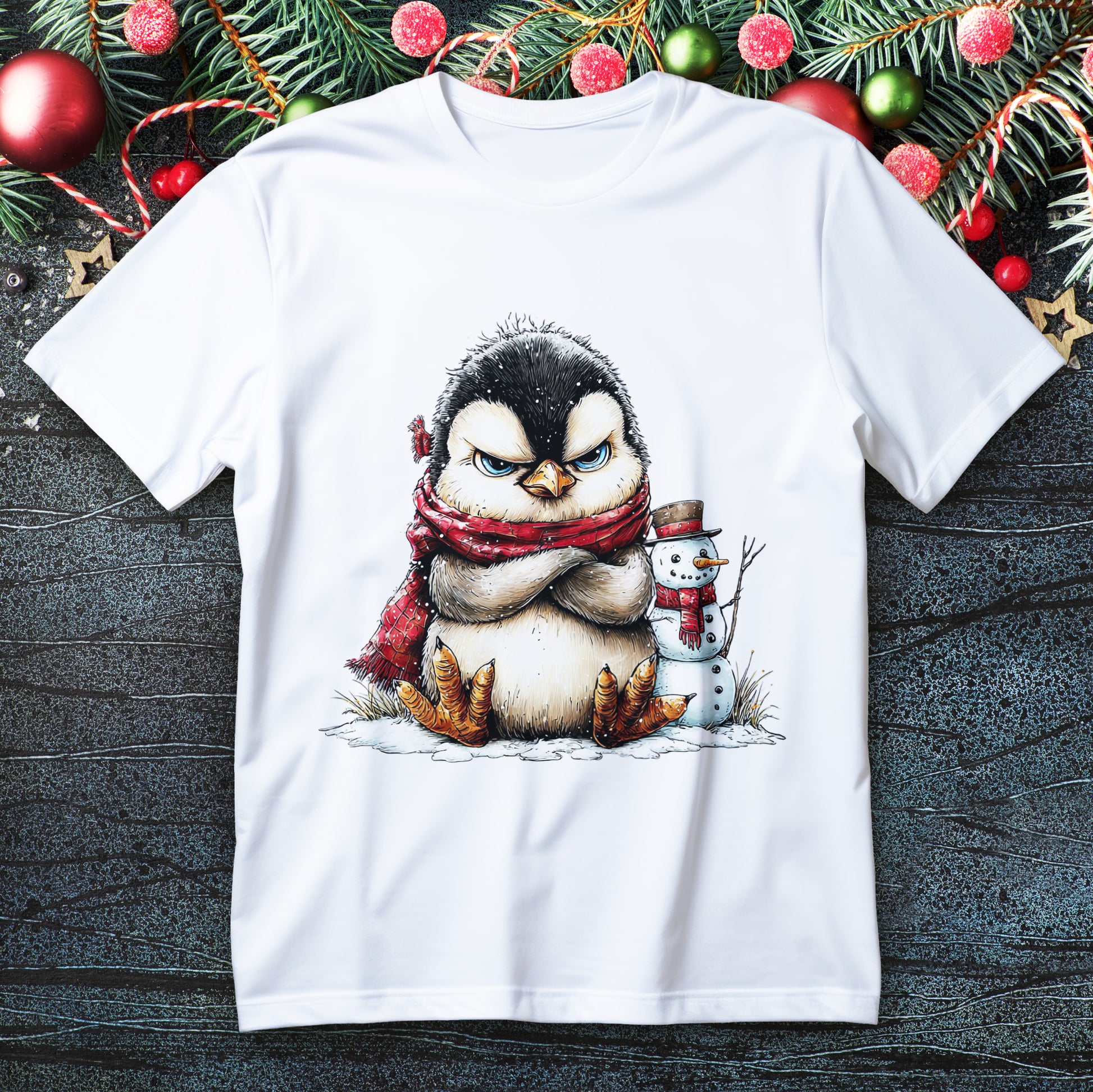 Grumpy baby penguin in red scarf with tiny snowman on a Christmas T-shirt